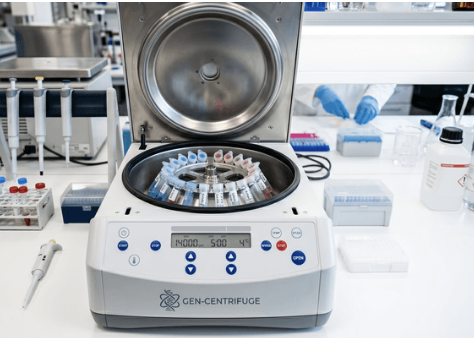 Open benchtop centrifuge holding sample tubes